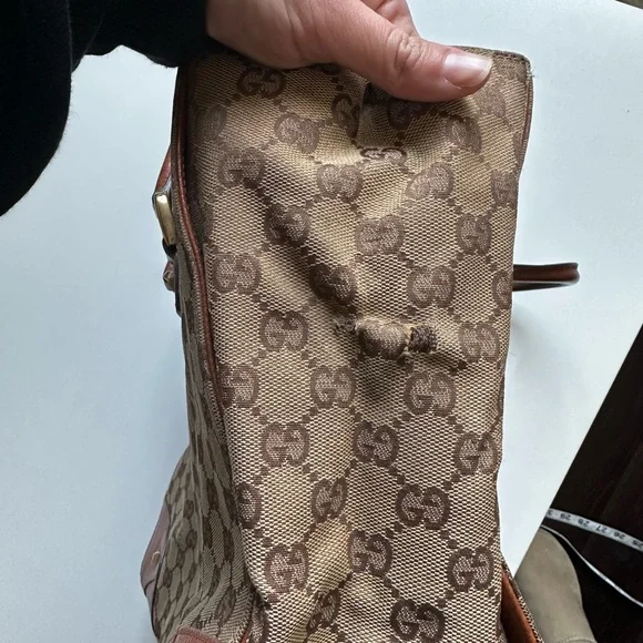 Vintage Gucci GG Logo Nailhead Tote Canvas Leather Tan Brown